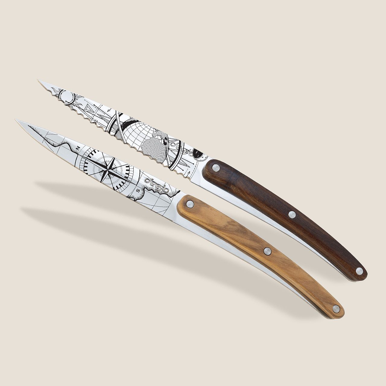 2 Deejo Paring Knives, Olive and Coral Wood / Terra Incognita and Globe Trotter Bıçak Seti