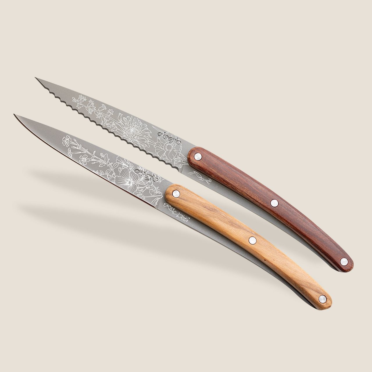 2 Deejo Paring Knives, Olive and Coral Wood / Blossom Bıçak Seti