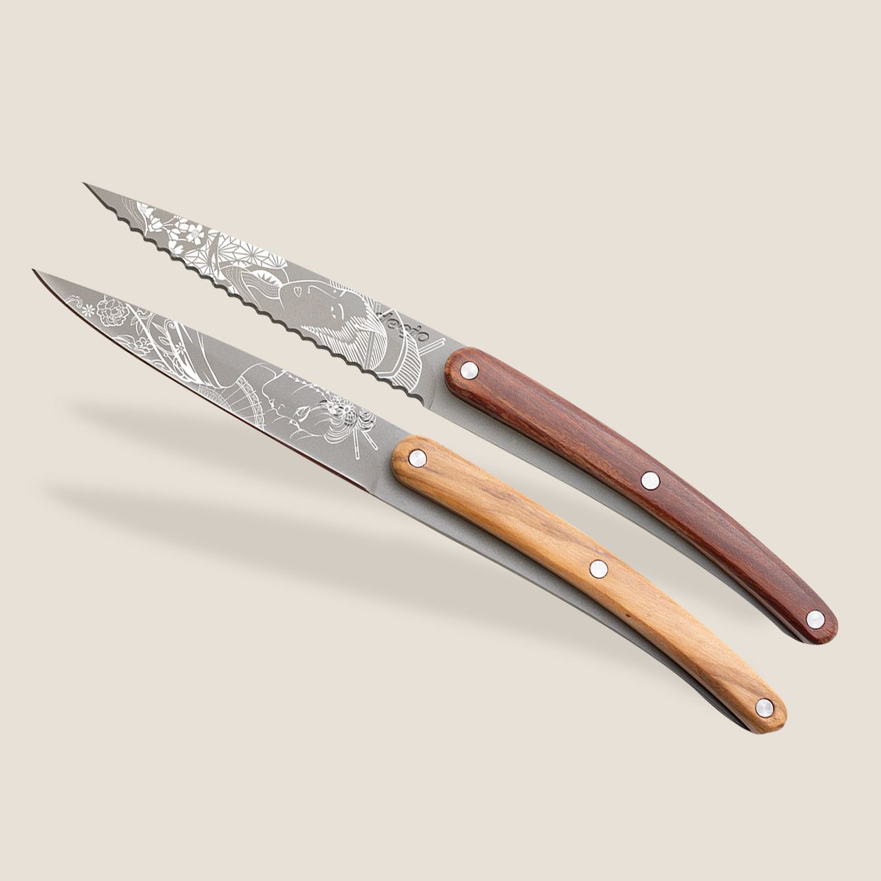 2 Deejo Paring Knives, Olive and Coral Wood / Japonese Bıçak Seti