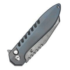 KANSEPT Kosame | Düğme Kilidi | Mavi Eloksal Titanyum Sap | Parçalanmış Karbon Filtre Kakma Damascus Çelik Çakı | T1093F1