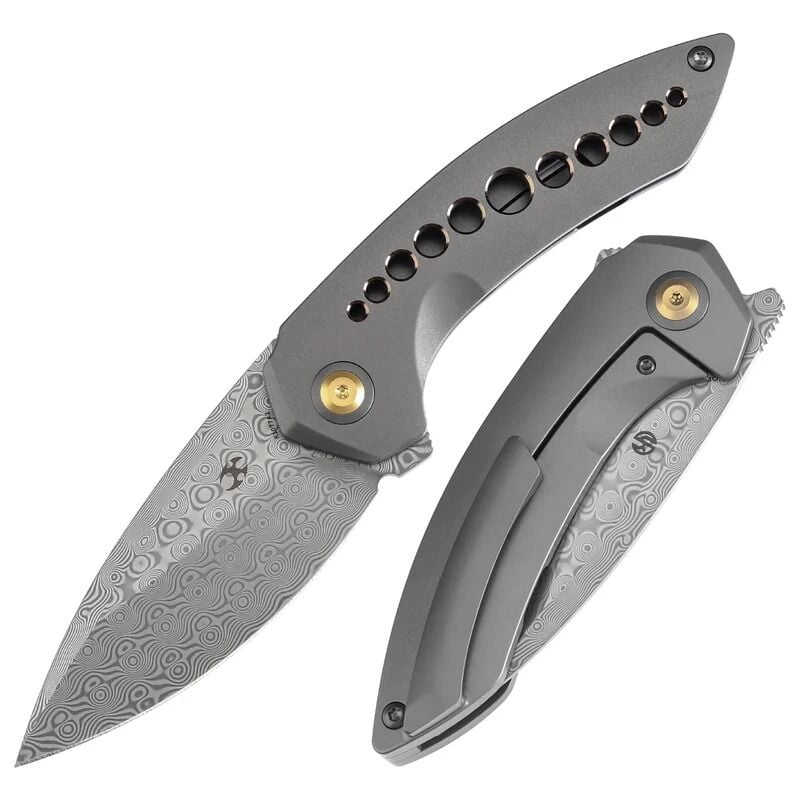 KANSEPT ODD 21 | Gri Eloksal Titanyum Bronz Delikli Sap | Damascus Çelik Çakı | K1077A2