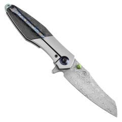 KANSEPT Mistaken | Başparmak Sapı | Boncuk Püskürtmeli Titanyum ve Gabardin Karbon Fiber | Damascus Çelik Çakı | K1053D1