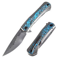 KANSEPT Kratos | Flipper Bıçak | Titanyum + Mavi Gül Desenli Karbon Fiber Kakma Sap | Damascus Çelik Çakı | K1024A4