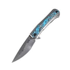 KANSEPT Kratos | Flipper Bıçak | Titanyum + Mavi Gül Desenli Karbon Fiber Kakma Sap | Damascus Çelik Çakı | K1024A4