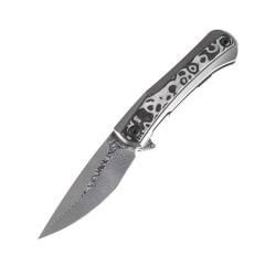 KANSEPT Kratos | Flipper Bıçak | Titanyum + Siyah Gül Desenli Karbon Fiber Kakma Sap | Damascus Çelik Çakı | K1024A5