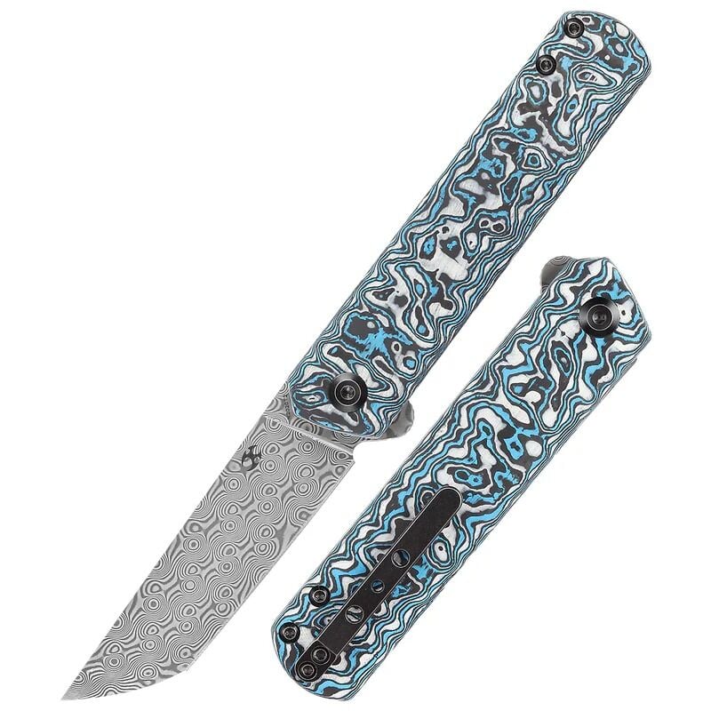 KANSEPT Foosa | Kayma Eklemi/Flipper Bıçak | Mavi Beyaz Karbon Fiber Sap | Damascus Çelik Çakı | K2020T2