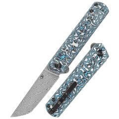 KANSEPT Foosa | Kayma Eklemi/Flipper Bıçak | Mavi Beyaz Karbon Fiber Sap | Damascus Çelik Çakı | K2020T2