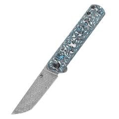 KANSEPT Foosa | Kayma Eklemi/Flipper Bıçak | Mavi Beyaz Karbon Fiber Sap | Damascus Çelik Çakı | K2020T2