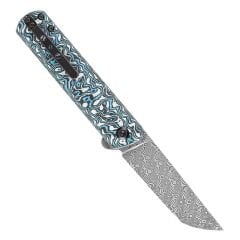 KANSEPT Foosa | Kayma Eklemi/Flipper Bıçak | Mavi Beyaz Karbon Fiber Sap | Damascus Çelik Çakı | K2020T2