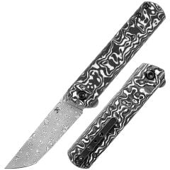 KANSEPT Foosa | Kayma Eklemi/Flipper Bıçak | Siyah Beyaz Karbon Fiber Sap | Damascus Çelik Çakı | K2020T1