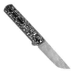 KANSEPT Foosa | Kayma Eklemi/Flipper Bıçak | Siyah Beyaz Karbon Fiber Sap | Damascus Çelik Çakı | K2020T1