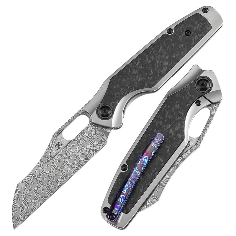 KANSEPT Tuckamore | Titanyum ve Parçalanmış Karbon Fiber Sap | Timascus Kemer Klips | Damascus Çelik Çakı | K1052A5