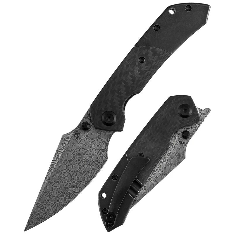 KANSEPT Fenrir | Siyah Kaplamalı Titanyum ve Dimi Karbon Fiber G10 Sap | Damascus Çelik Çakı | K1034D1