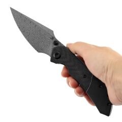 KANSEPT Fenrir | Siyah Kaplamalı Titanyum ve Dimi Karbon Fiber G10 Sap | Damascus Çelik Çakı | K1034D1