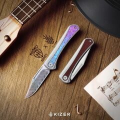 Kizer Melody | Alüminyum ve Kristalize Titanyum Sap | Gökkuşağı Damascus Çelik Çakı | Ki3732A1