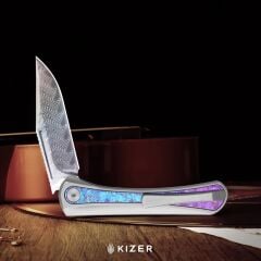 Kizer Melody | Alüminyum ve Kristalize Titanyum Sap | Gökkuşağı Damascus Çelik Çakı | Ki3732A1