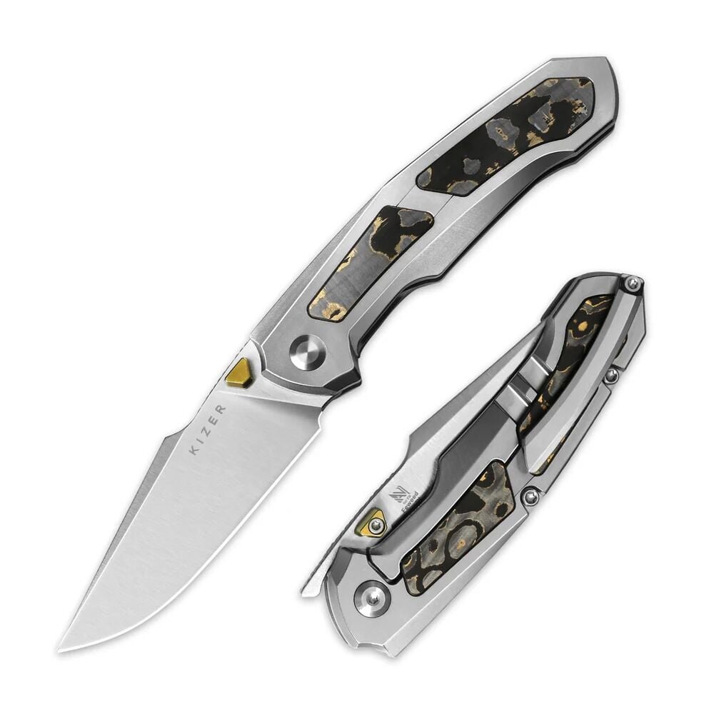 Kizer Feweed |  Titanyum + Gold Camo Karbon Sap | Z-Wear PM Çelik Çakı | Ki3694A4