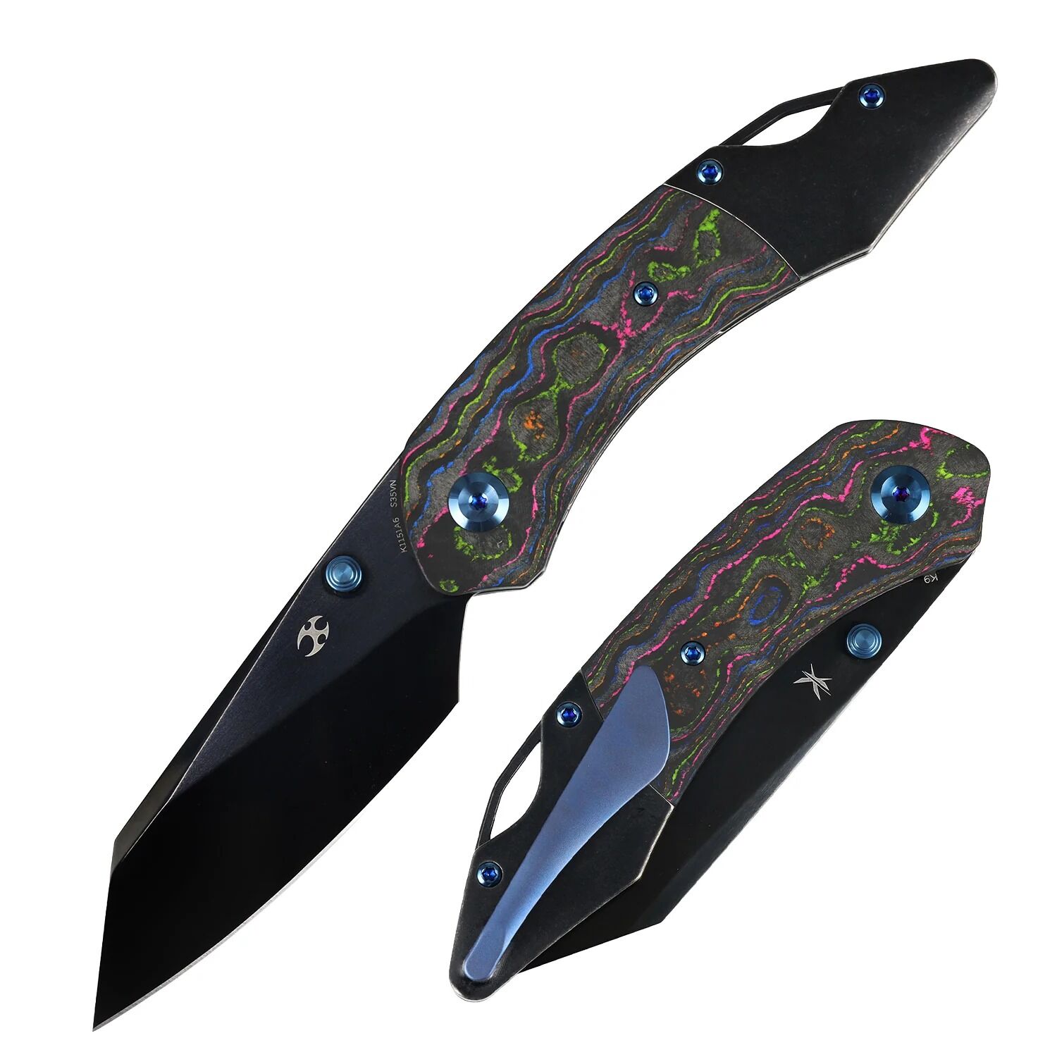 KANSEPT Özel K9 | 80'ler Kamuflaj Karbon ve Blackwash Titanyum Sap | Siyah Ayna DLC CPM S35VN Çelik Çakı | Limitli Üretim | K1151A6
