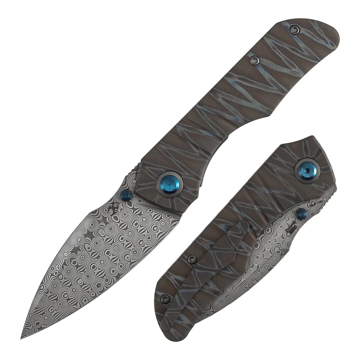 Kansept Mini Lanza | Kaplan Çizgili Kaplamalı Titanyum Sap | Damascus Çelik Çakı | K1116A4