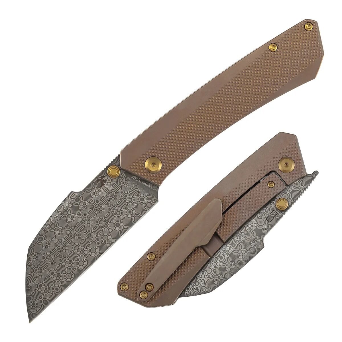 KANSEPT Contra | Elmas Desenli Bronz Eloksallı Titanyum Sap | Damascus Çelik Çakı | K1139A4