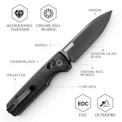 Trivisa Sabretooth-BM | Çapraz Kilitli | Siyah Mikarta Sap | 14C28N Çelik Siyah Taşlanmış Çakı | TY29-BM-14