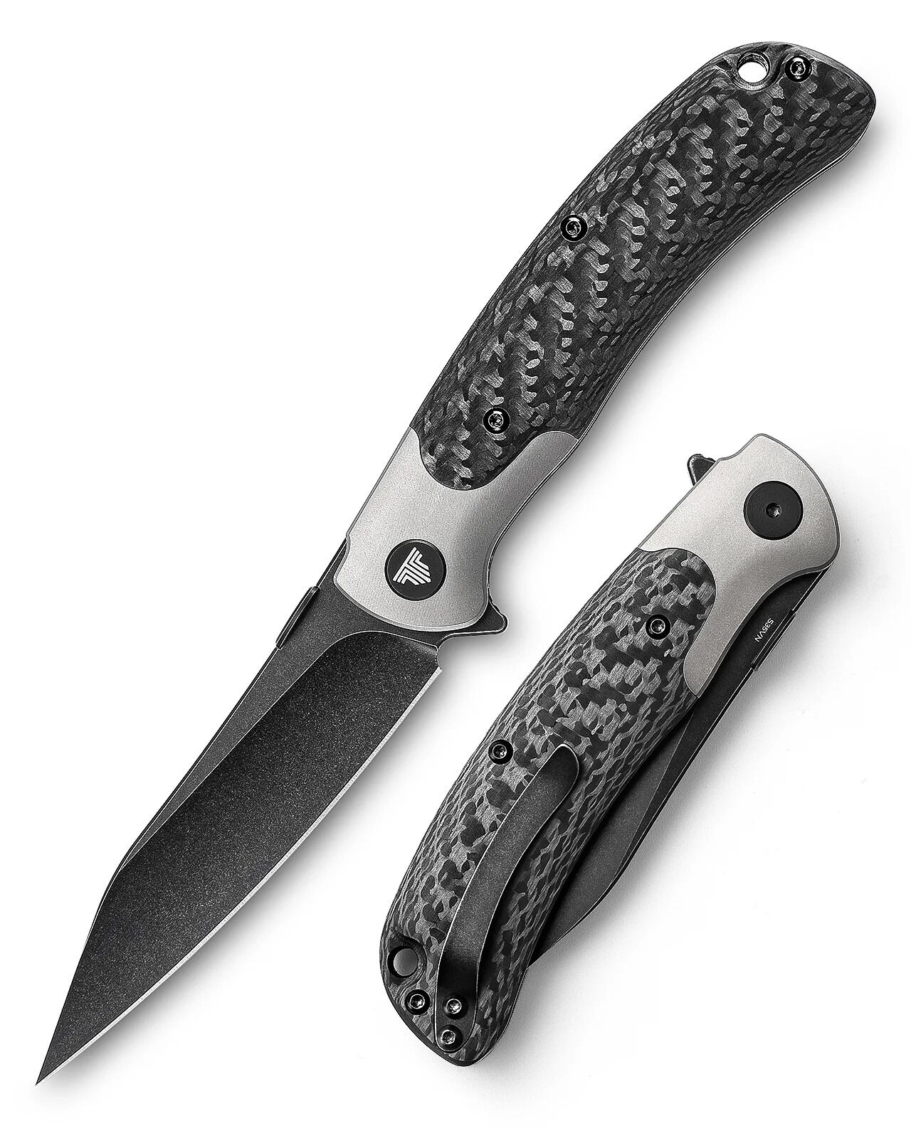 Trivisa UMa-05B | Titanyum Destek ve Başparmak Sapı | Karbon Fiber Saplar | Siyah Taşlanmış S35VN Çelik Çakı | TY07-BCT-S