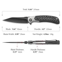 Trivisa UMa-05B | Titanyum Destek ve Başparmak Sapı | Karbon Fiber Saplar | Siyah Taşlanmış S35VN Çelik Çakı | TY07-BCT-S