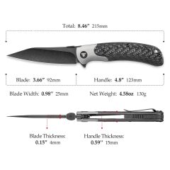 Trivisa UMa-05B | Titanyum Destek ve Başparmak Sapı | Karbon Fiber Saplar | Siyah Taşlanmış S35VN Çelik Çakı | TY07-BCT-S