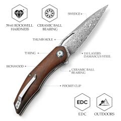 Trivisa Taurus-01i | Liner Lock | Demir Ağacı Sap | 110 Katmanlı Damascus Çelik Çakı | SY04-IW-D