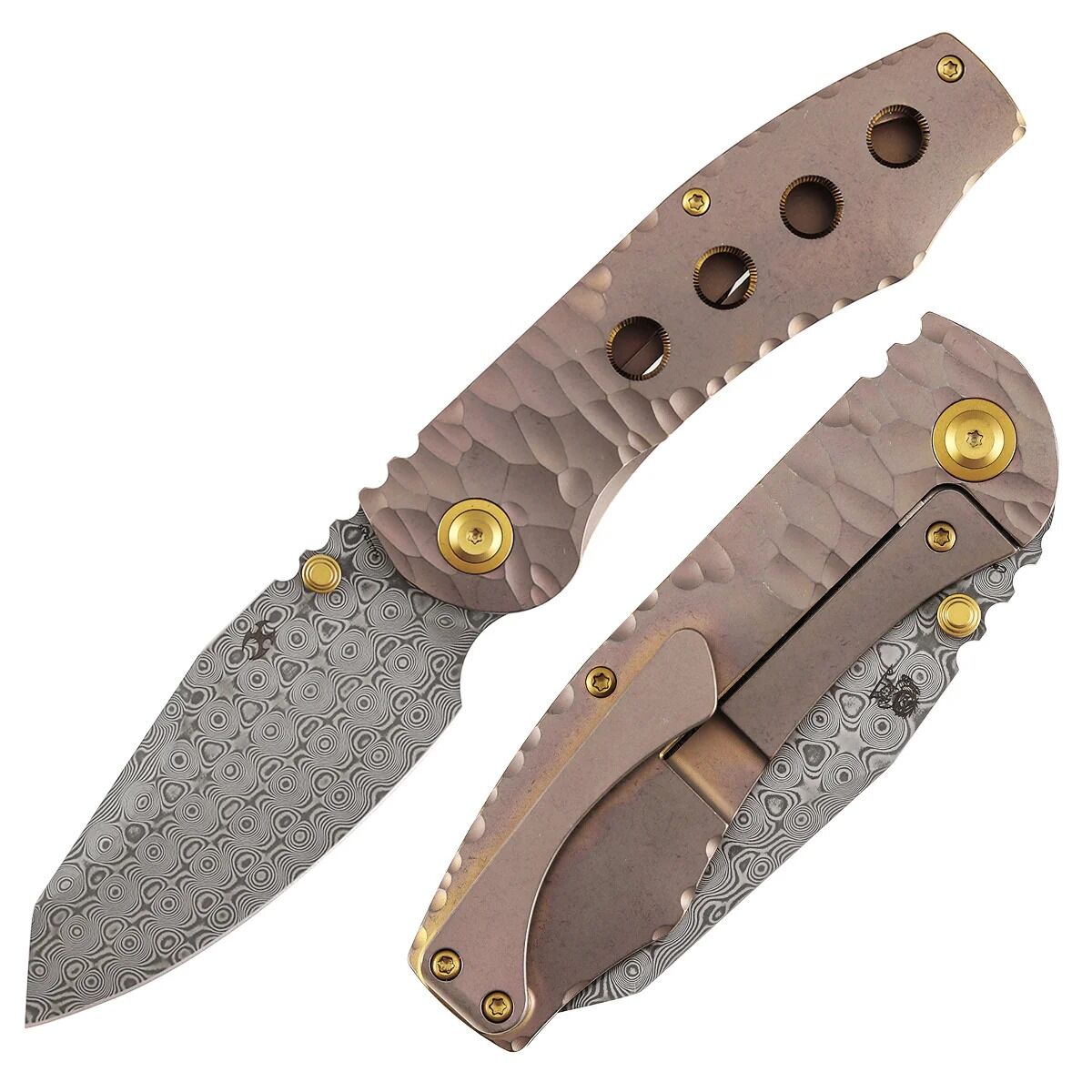 Kansept Caveman | Gül Altın Eloksallı ve Taşlanmış Titanyum, CNC İşlenmiş Kaya Desenli Sap | Damascus Çelik Çakı | K1110A6