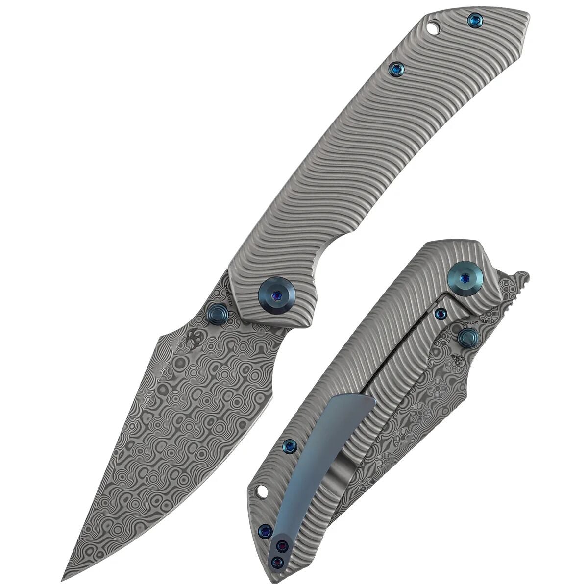 KANSEPT Fenrir | Frame Lock | Kumlanmış Titanyum, Mikro Frezelenmiş Su Dalgası Dokulu Sap | Damascus Çelik Çakı | K1034C4