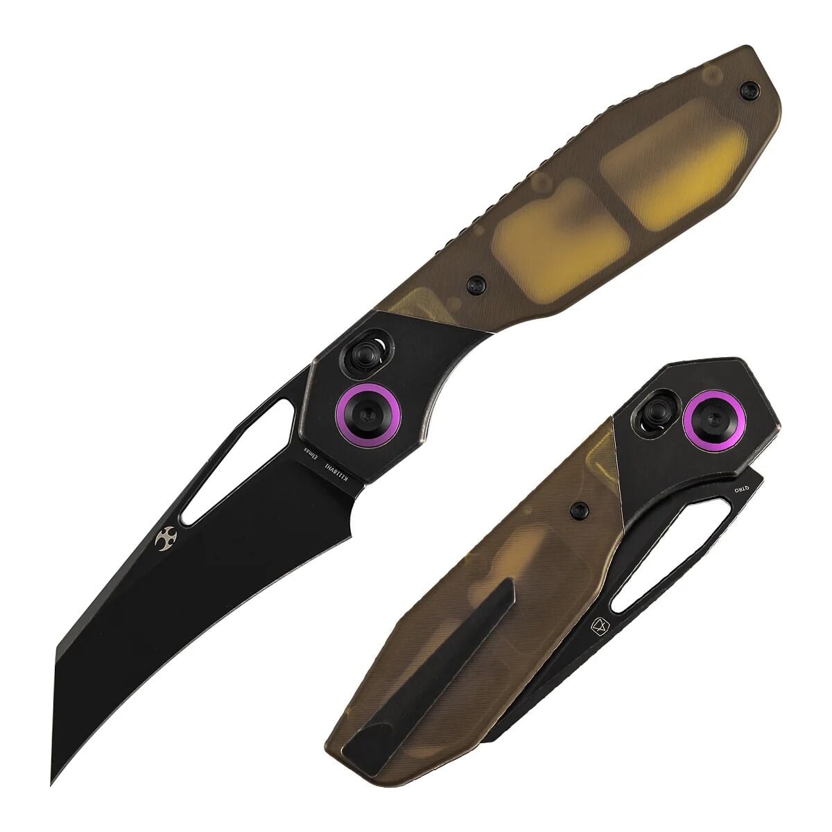 Kansept QTRO | Çapraz Kilit | Siyahlaştırılmış Titanyum ve Amber Pei/Ultem Kakma Sap | Elmax Çelik Çakı | K1118VH1