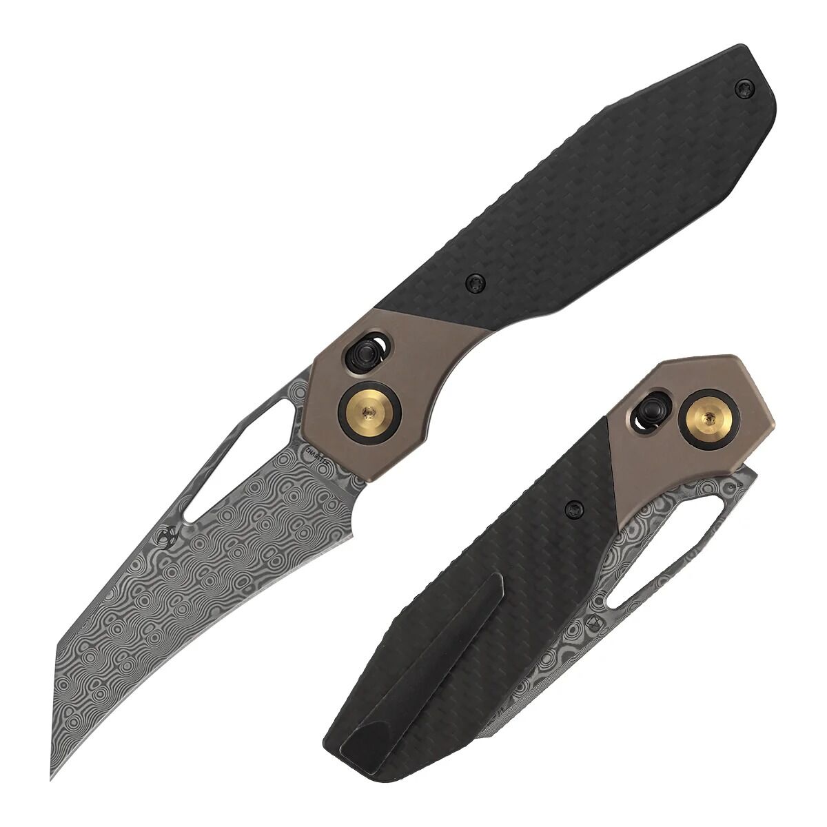 Kansept QTRO | Bronz Eloksallı Titanyum + Fitilli Karbon Fiber + G10 Kakma Sap | Damascus Çelik Çakı | K1118VH2