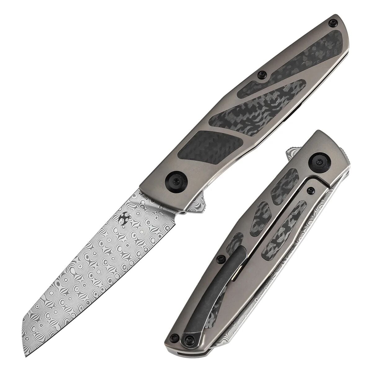 KANSEPT Cru | Liner Kilitli | Bronz Eloksallı Titanyum ve Dimi Karbon Fiber Sap | Damascus Çelik Çakı | K1092A4