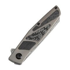 KANSEPT Cru | Liner Kilitli | Bronz Eloksallı Titanyum ve Dimi Karbon Fiber Sap | Damascus Çelik Çakı | K1092A4