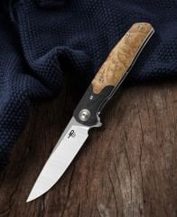 BESTECH ASCOT BG19D Ara Katman Karbon Fiber Ve G10 + Lightburl Ahşap Sap 14C28N Çelik Çakı