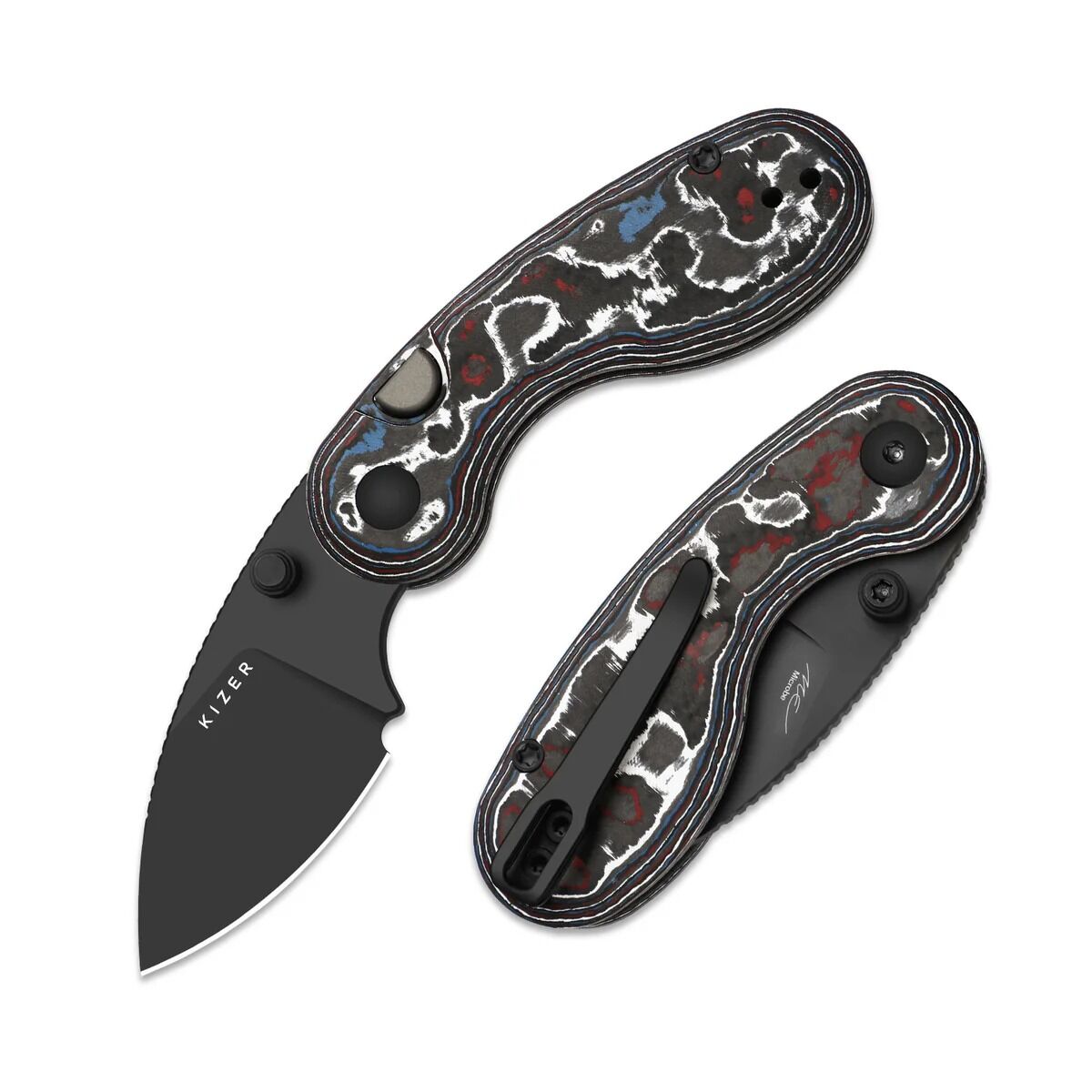 Kizer Microbe™ | Button Liner Lock™ | Ultra DLC | M390 | Fat Carbon | KizerB™ 2742A2