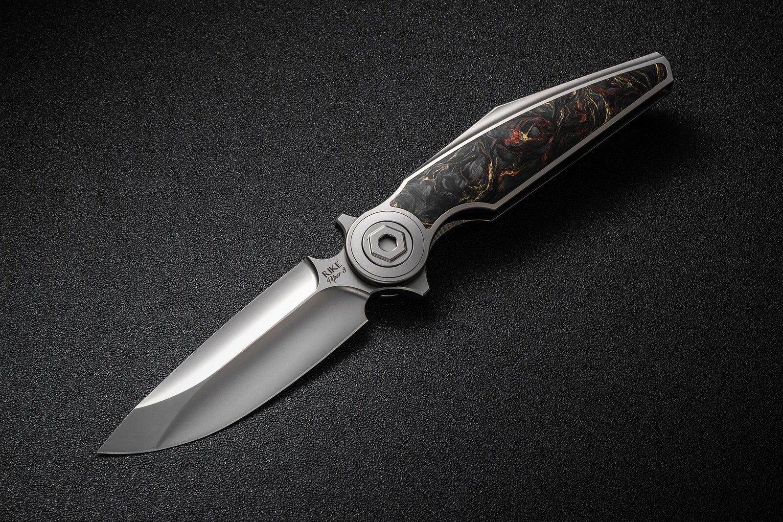 Rike Knife Viper 3-P/OCF Plain Titanium Integral Handle With Orange Carbon Fiber Inlay Bohler M398 Çakı