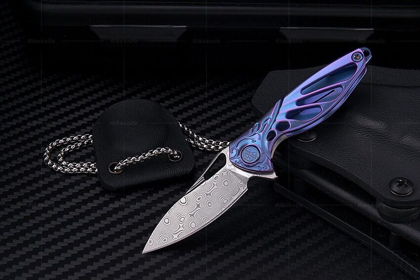 Rike Knife RK Mini-B Blue Titanium Handle Damasteel Kolye Çakı