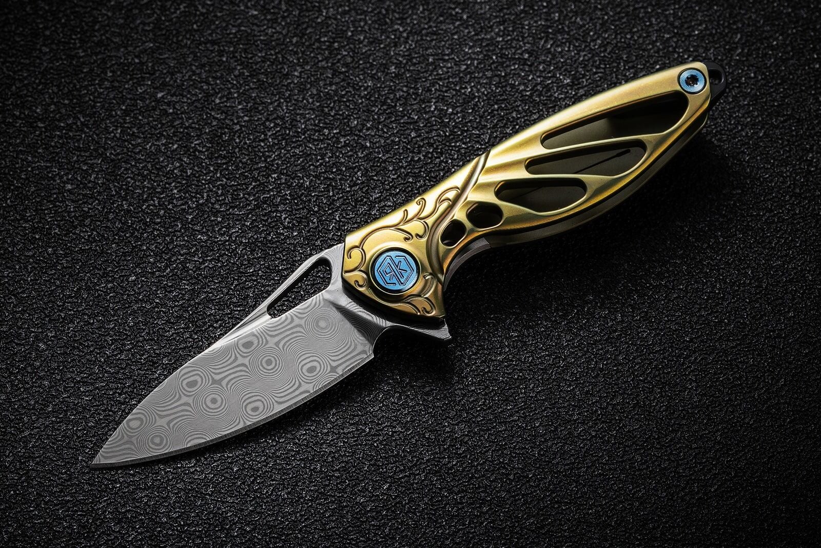 Rike Knife RK Mini-Go Gold Titanium Handle Damasteel Kolye Çakı