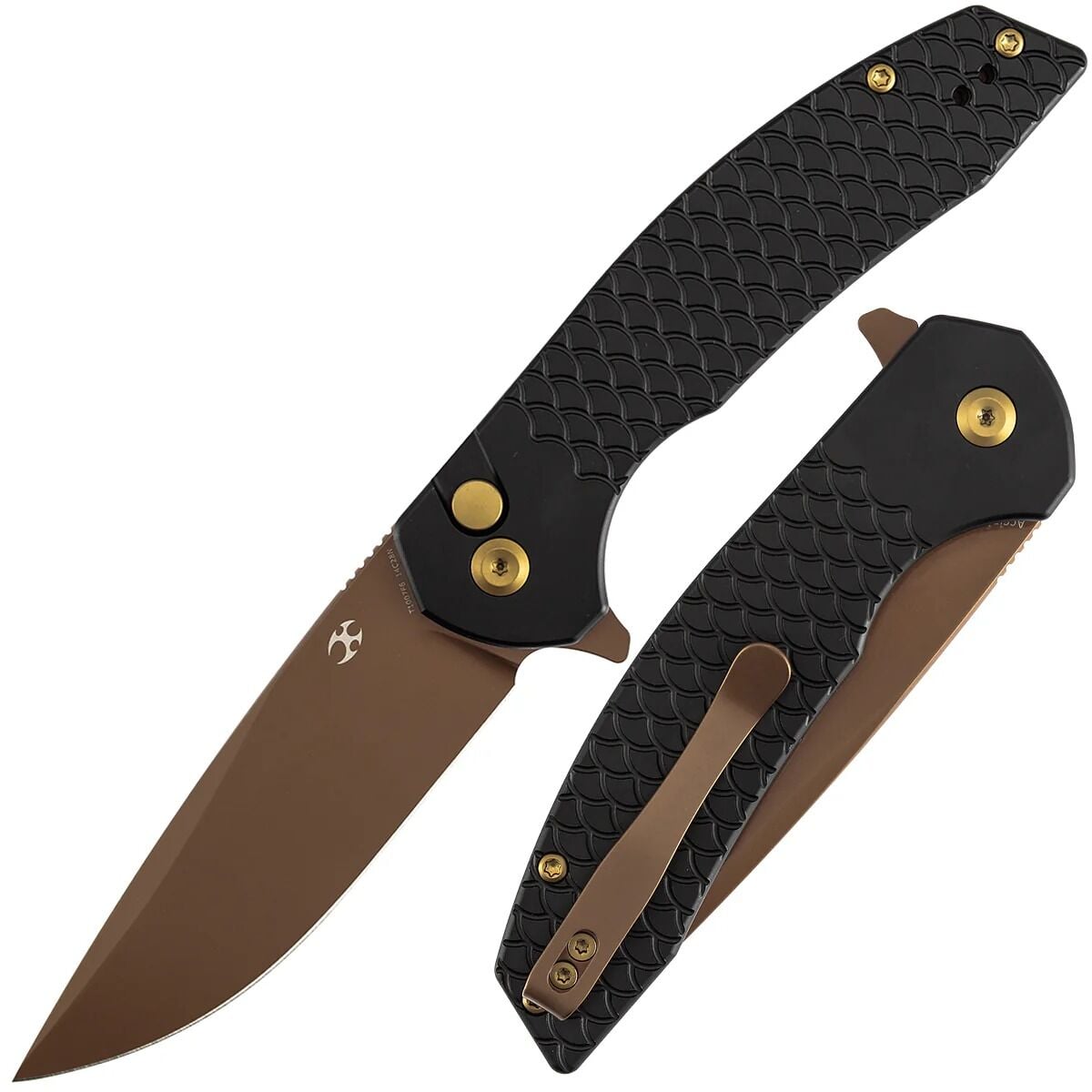 Kansept Accipiter | Balık Pul Desenli Siyah Eloksallı Alüminyum Sap | Gül Altın Rengi 14C28N Çelik Çakı | T1007F6