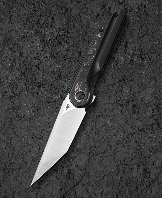BESTECH BLIND FURY BT2303B Siyah Bronz Titanyum Bakır Karbon Fiber Kakma Sap Stonewash+Saten M390 Çakı