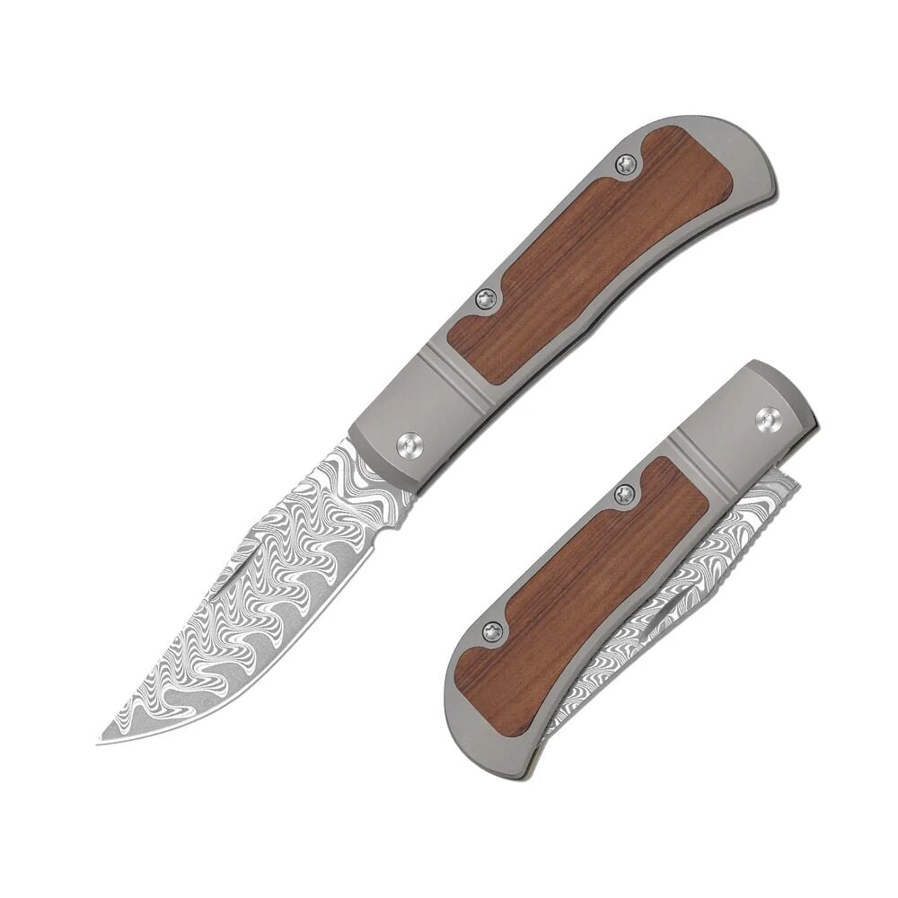 Kizer Trestle | Titanyum + Mkuruti Ağacı Sap | Damascus Çelik Çakı | V3761A2